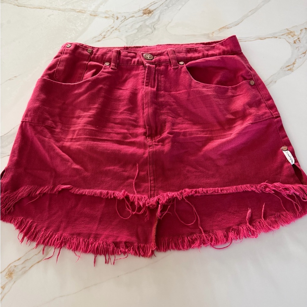 Frayed Hem Red Denim Skirt